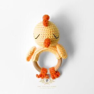 NWT Cute Handmade Crochet Chick Baby Rattle Baby & Toddler Wooden Plush Toys